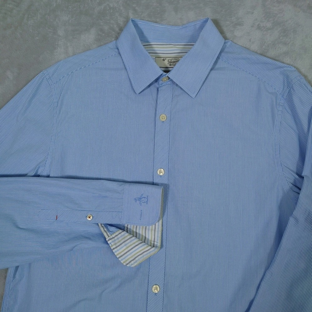 Penguin Dress Shirt Mens 15.5 Heritage Slim Fit Blue Striped Long Sleeve Cotton